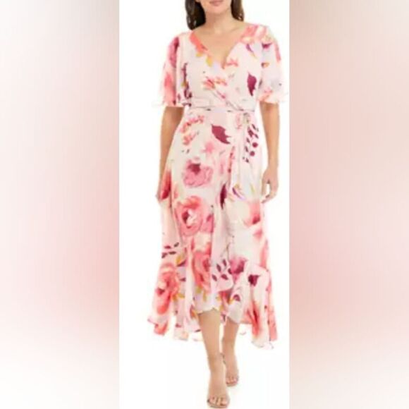 Taylor Floral-Print Faux-Wrap Fit & Flare Dress NWT size 4 Pink - Picture 1 of 5